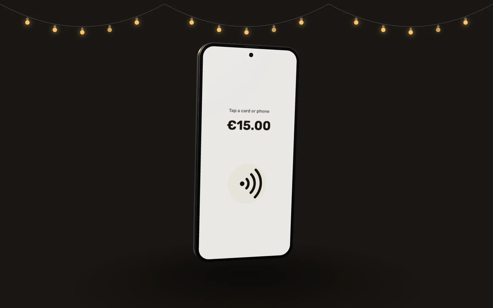 A phone screen reading Tap a card or phone with an amount of €15.00