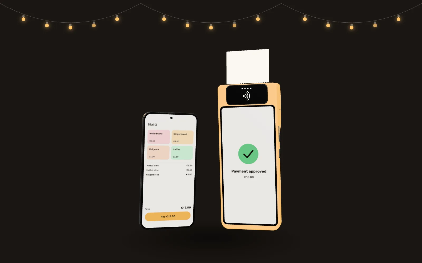A phone and a yellow card terminal under string lights. The phone shows a stall till, and the terminal shows an approved €15.00 payment and prints a receipt.
