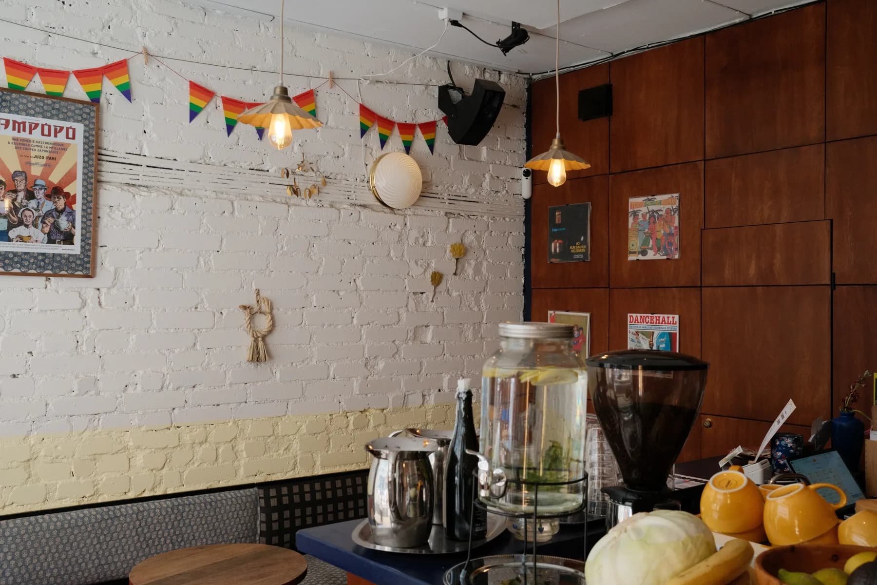 Café Tampopo's interior with bunting, records, and warm light