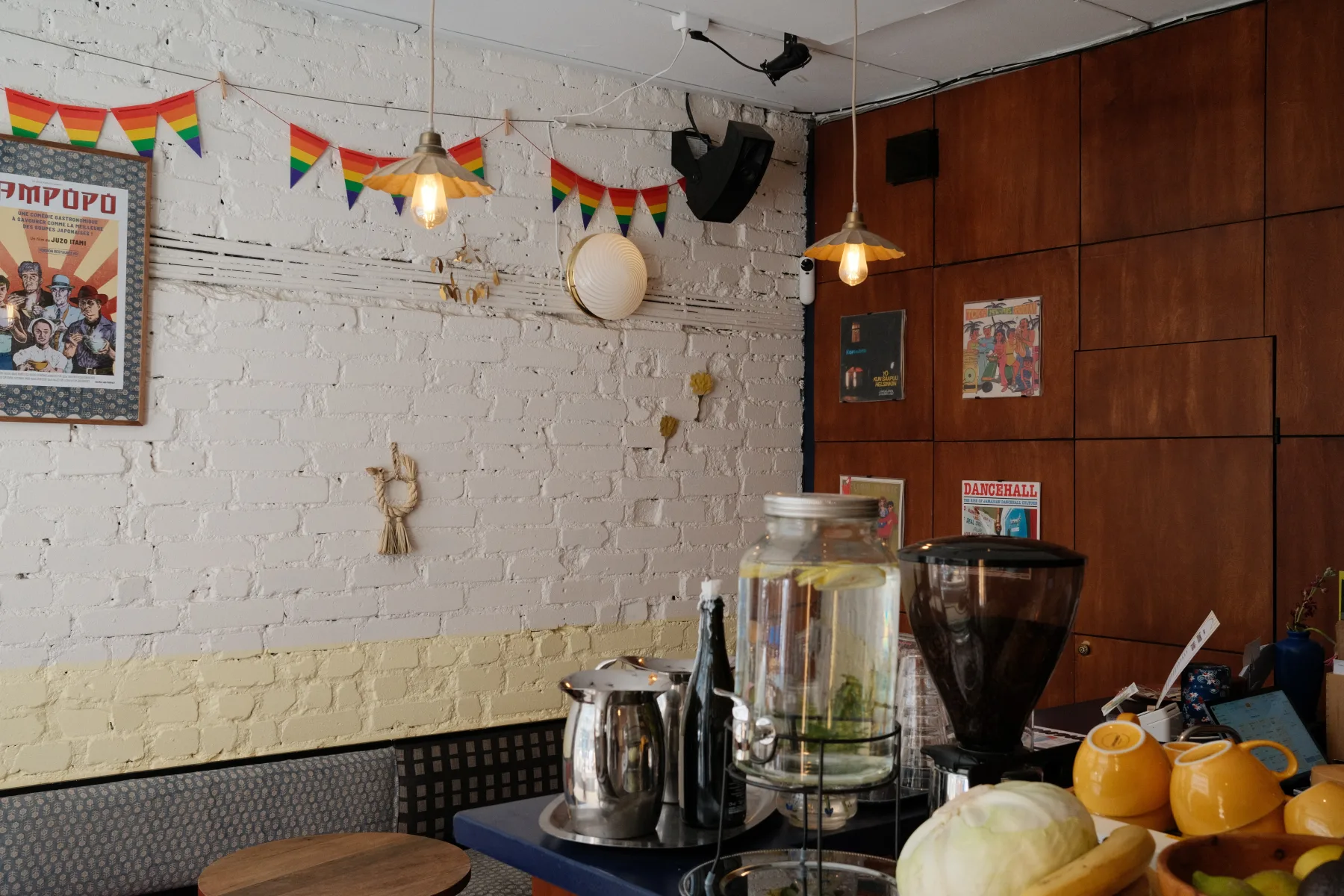Café Tampopo's interior with bunting, records, and warm light