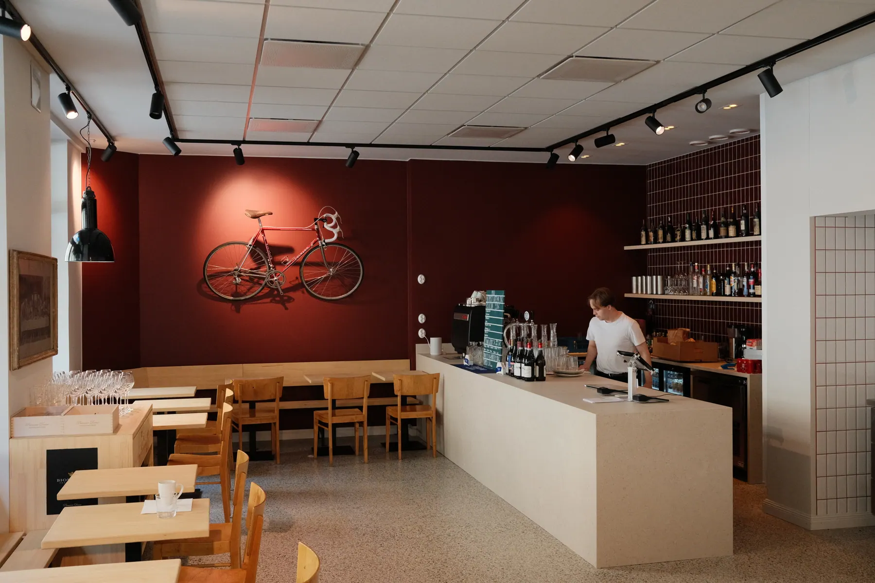 Focaccina's counter and dining room with staff preparing service