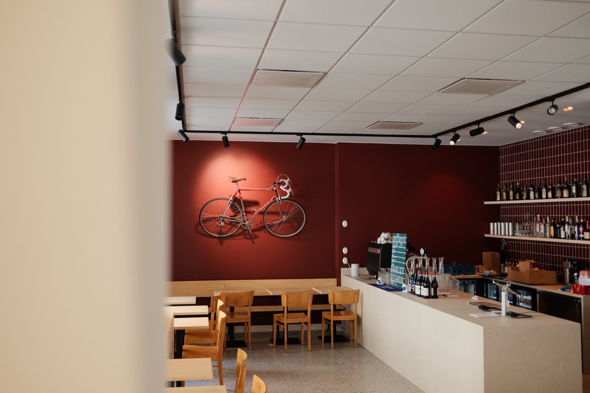 Focaccina's dining room and service counter with the red bicycle wall