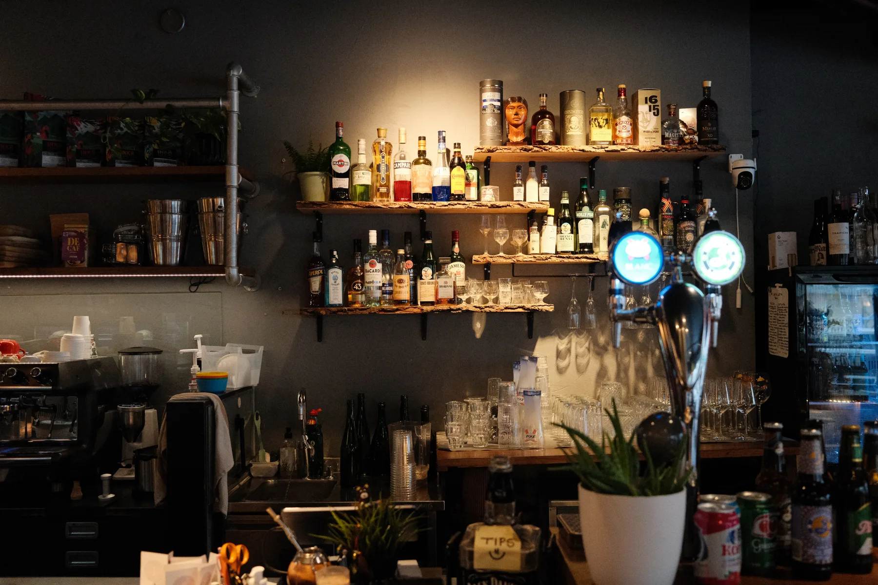 Tinku's bar with bottles, glassware, coffee equipment, and beer taps