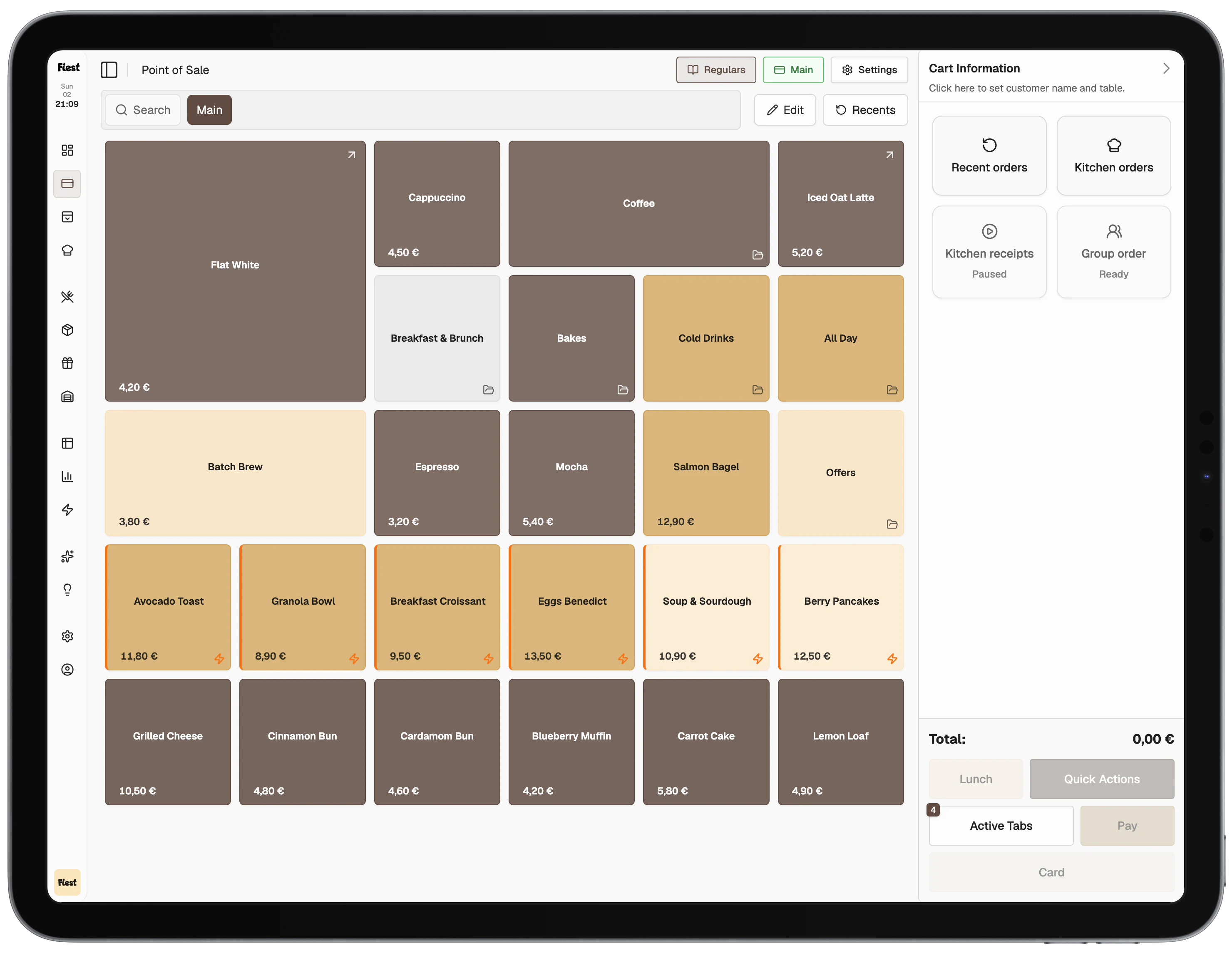 Fiest POS dashboard showing menu groups and products for café counter service