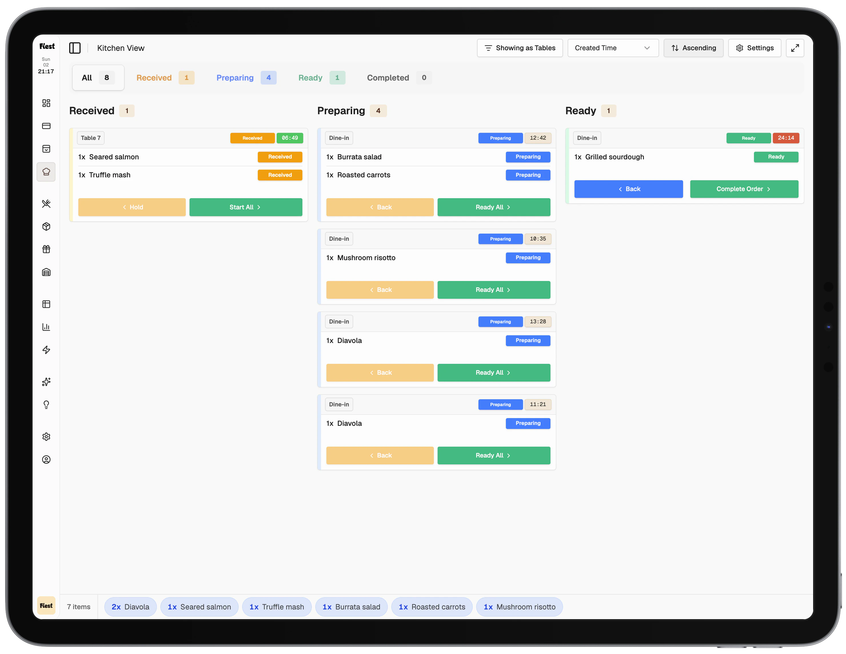 Fiest kitchen dashboard showing restaurant orders in received, preparing and ready stages