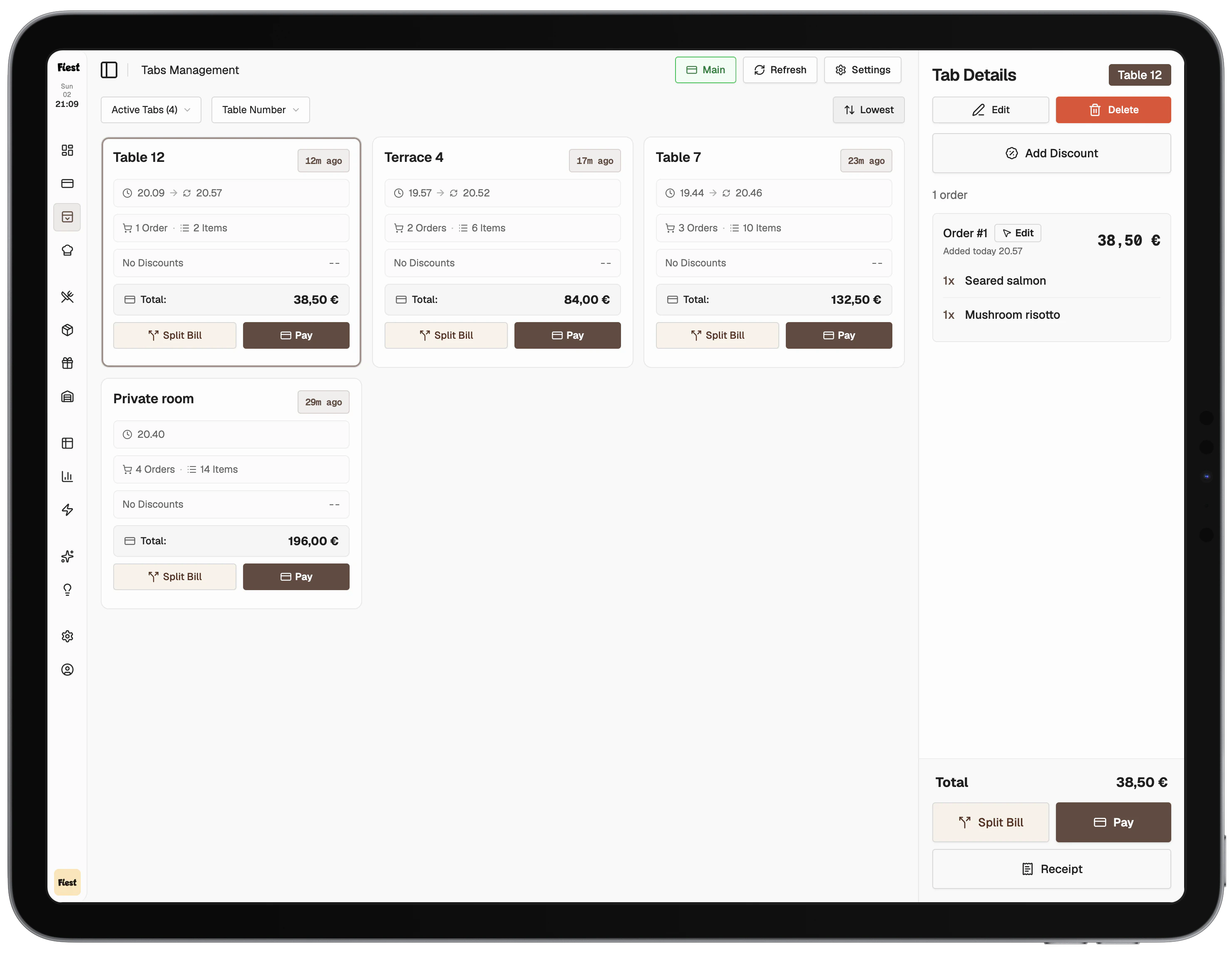 Fiest dashboard showing active restaurant tabs with table numbers, order totals and payment actions