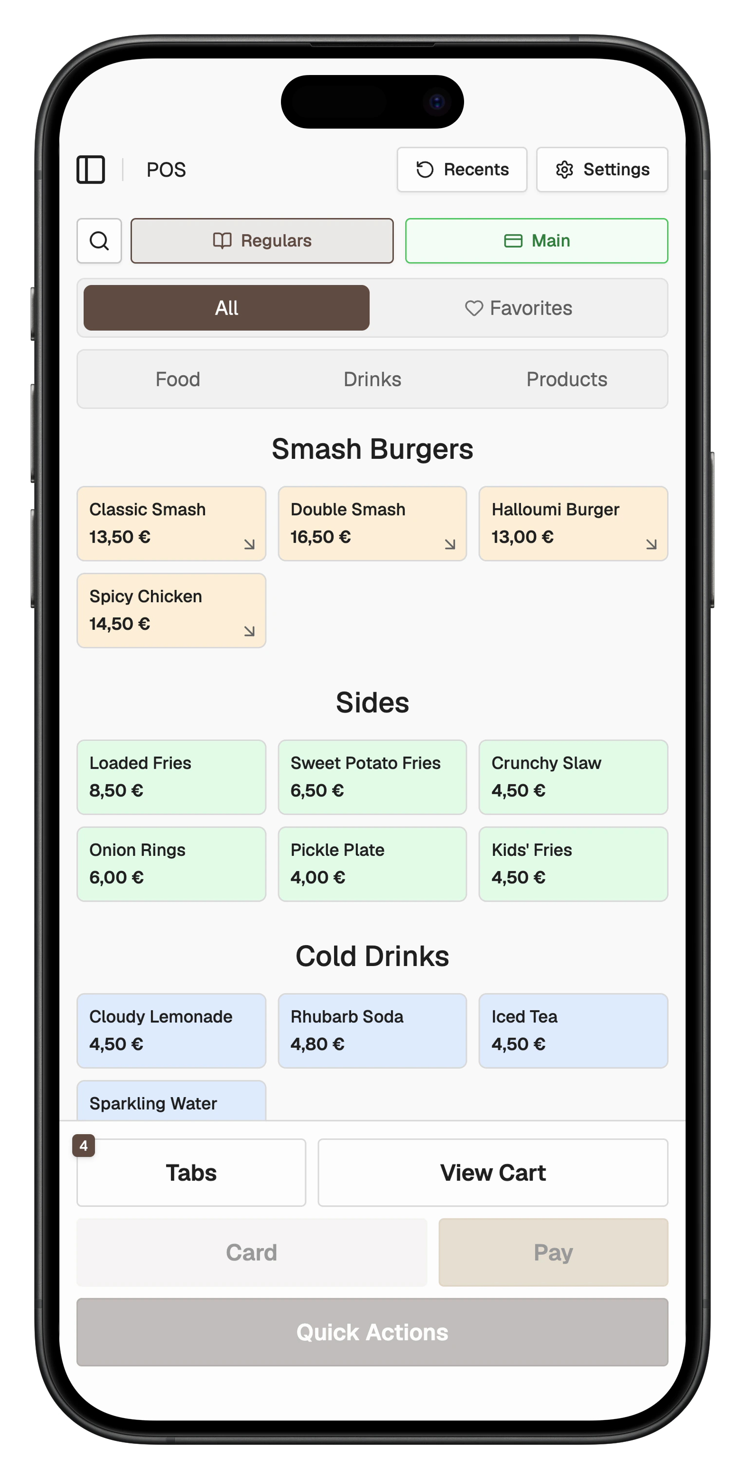Fiest POS dashboard showing a portable menu and running order workspace