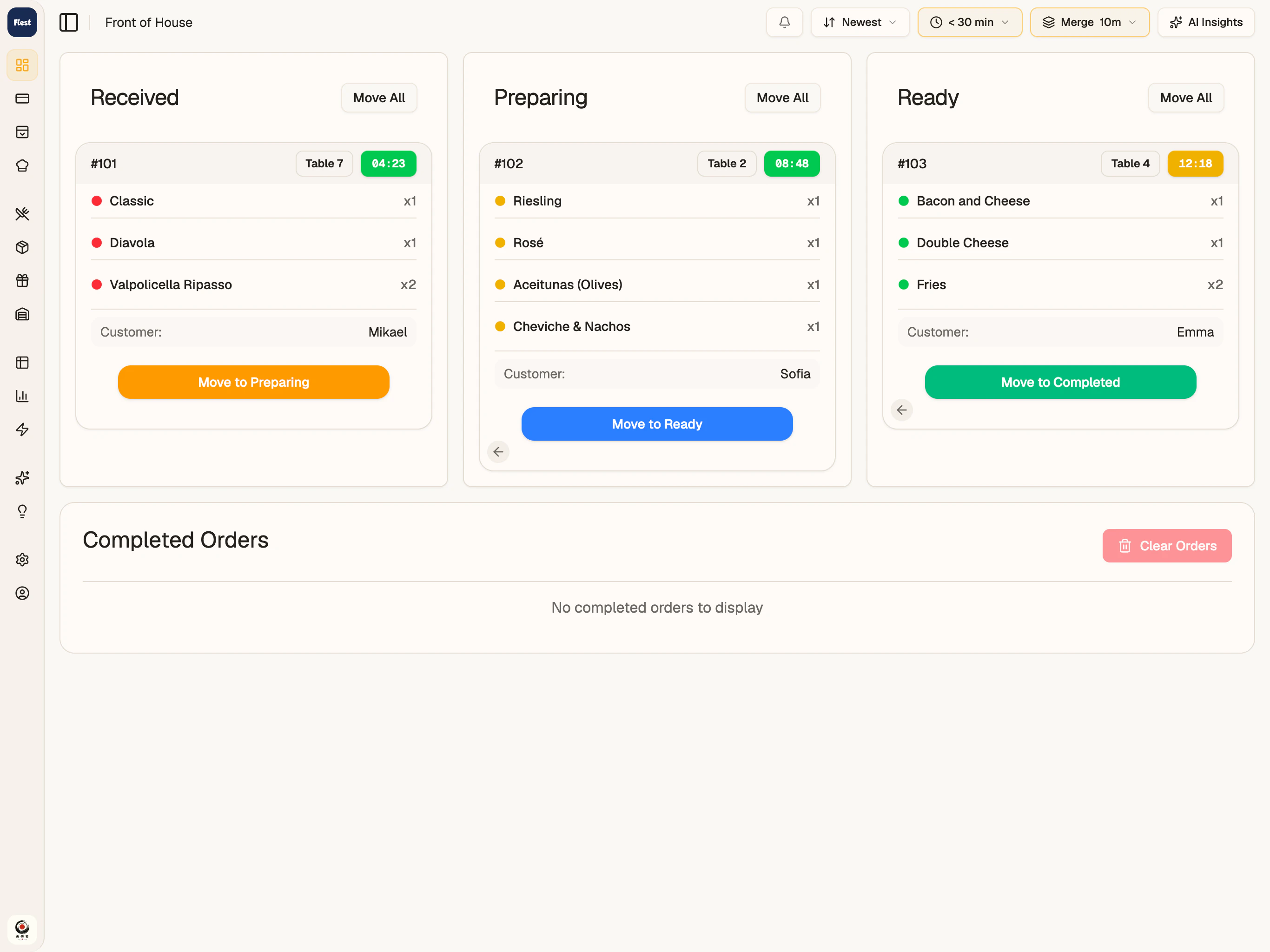Fiest Front of House showing orders in received, preparing, ready, and completed stages