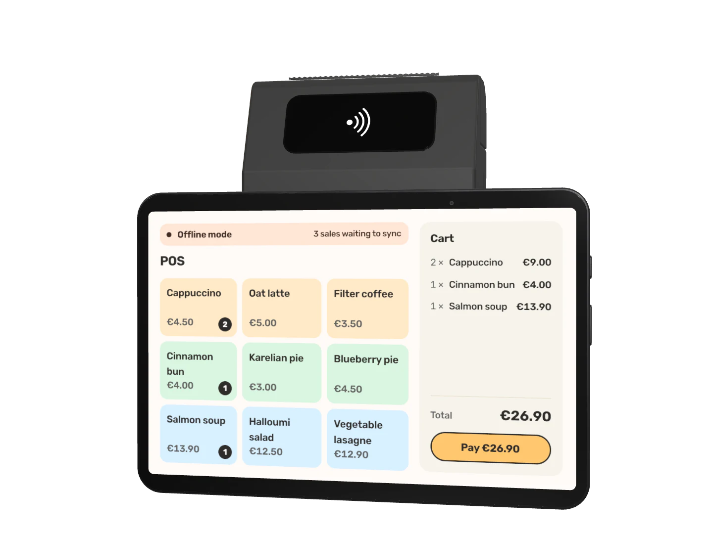Fiest's till on a tablet with a receipt printer in Offline mode, three sales waiting to sync