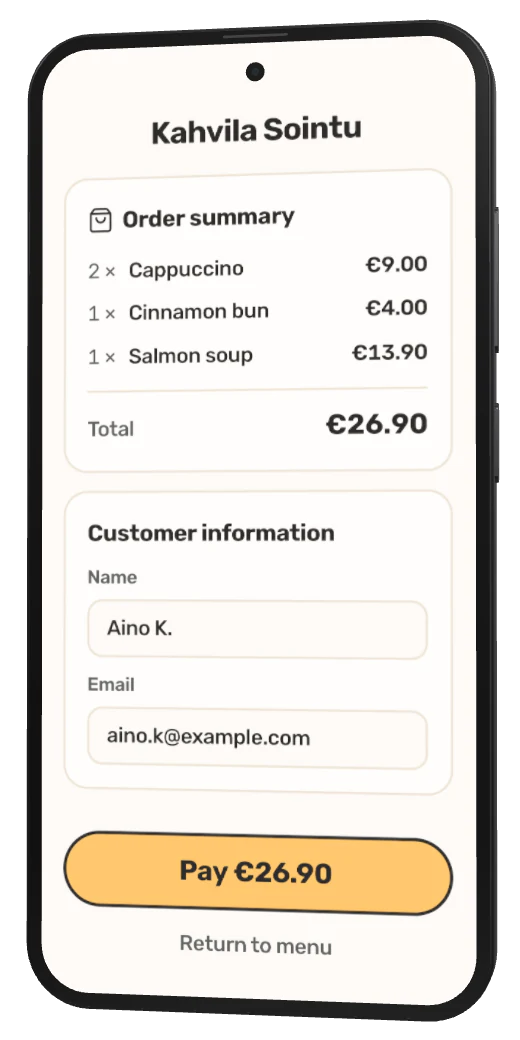 Checkout in Fiest's online ordering on a phone: the order summary and the guest's contact details