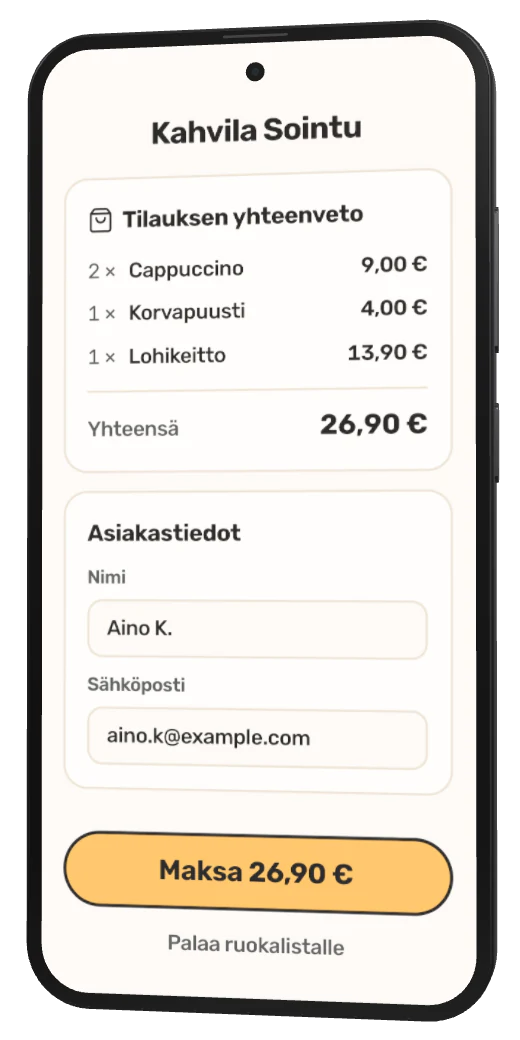 Tilauksen viimeistely Fiestin verkkotilauksessa puhelimessa: tilauksen yhteenveto ja asiakkaan yhteystiedot