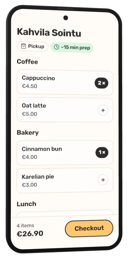 A café's menu in Fiest's online ordering on a phone, with the order in the cart