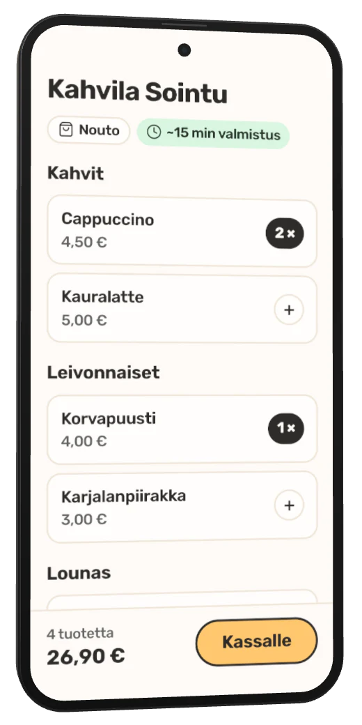 Kahvilan ruokalista Fiestin verkkotilauksessa puhelimessa, tilaus ostoskorissa