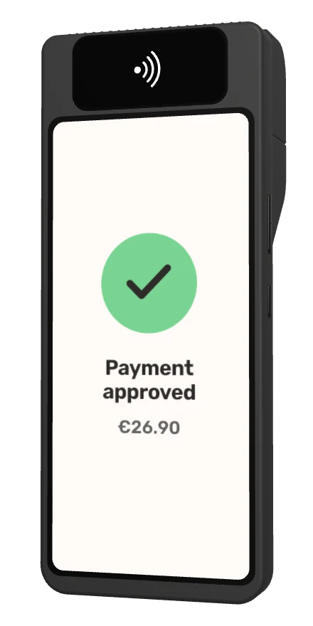The café order's card payment approved on a handheld terminal