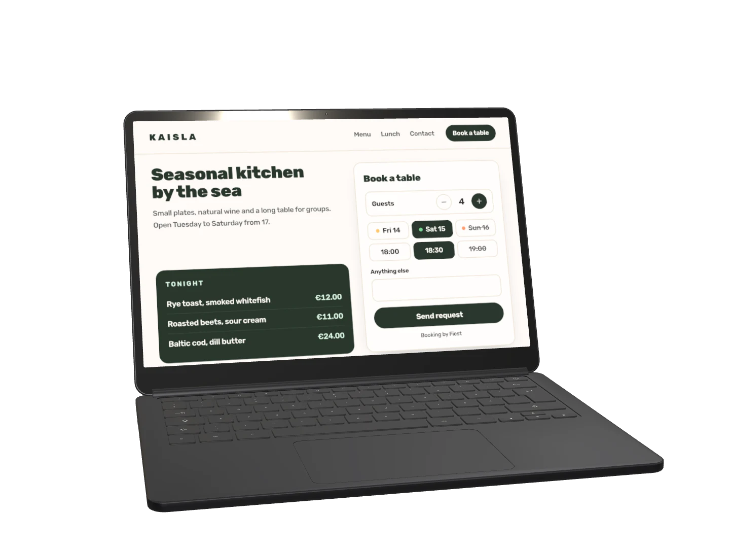 A restaurant's own website on a laptop with Fiest's booking form embedded beside its welcome