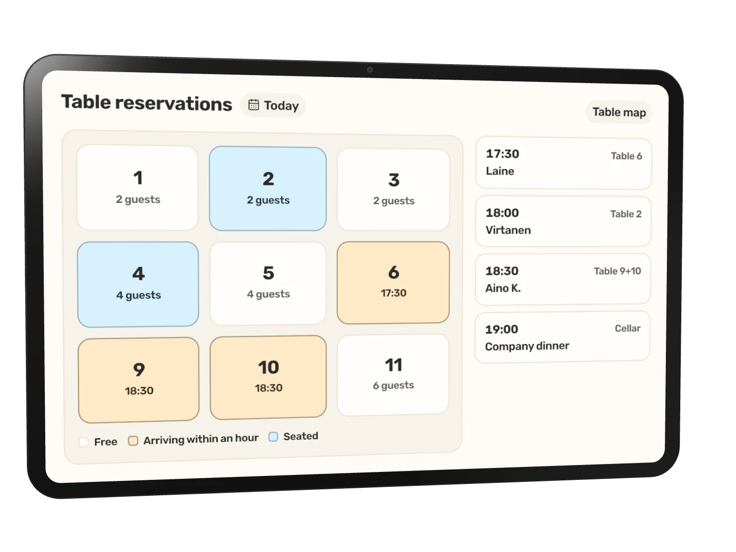 Fiest's floor map on a tablet with tonight's booked and seated tables