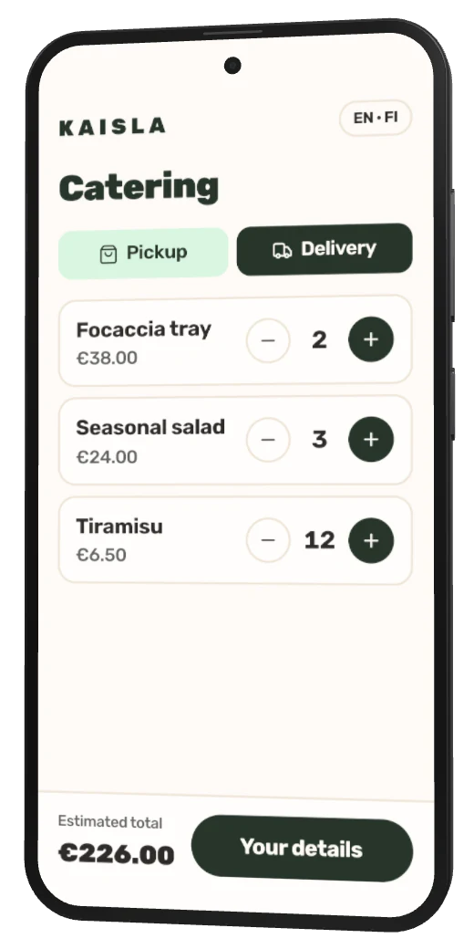 A catering order on a phone, with dishes, quantities and delivery