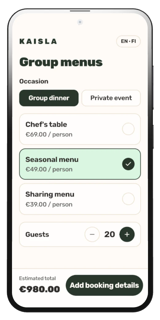A group menu booking page on a phone, with a seasonal menu chosen for 20 guests