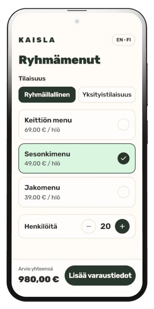 Ryhmämenun varaussivu puhelimessa, sesonkimenu valittuna 20 hengelle