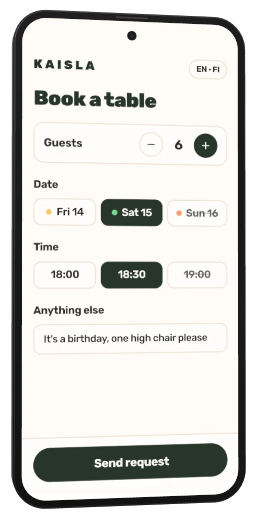 A table booking page on a phone: guests, date and time