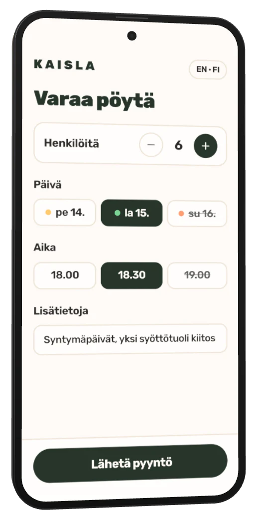 Pöytävaraussivu puhelimessa: henkilömäärä, päivä ja aika