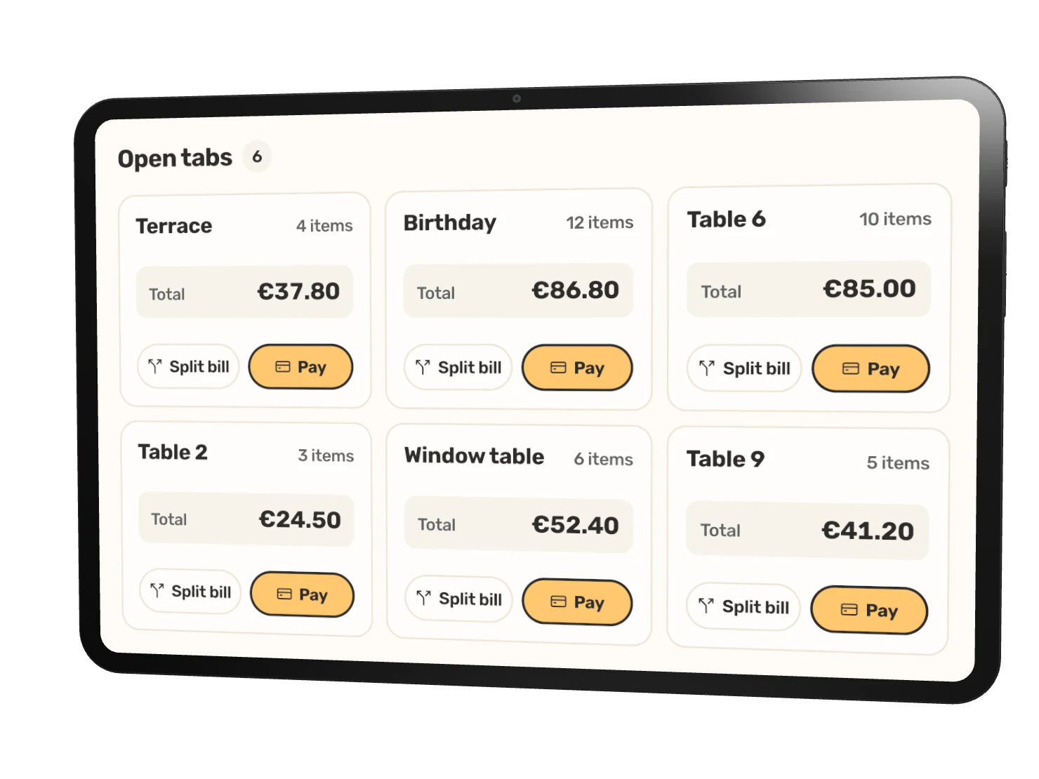 Open tabs on a tablet, each with its total and buttons to split or pay