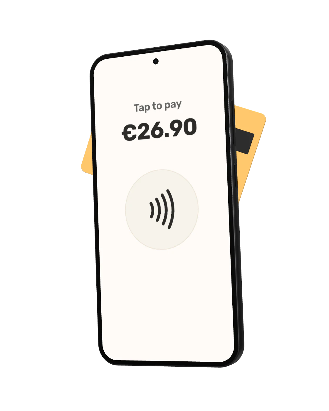 The guest's payment card held to the back of a phone that shows Tap to pay and the amount