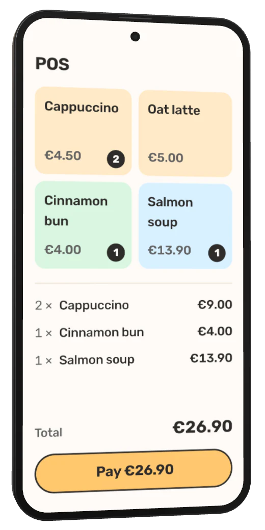 A café order of €26.90 in Fiest's till on a phone, ready to be paid