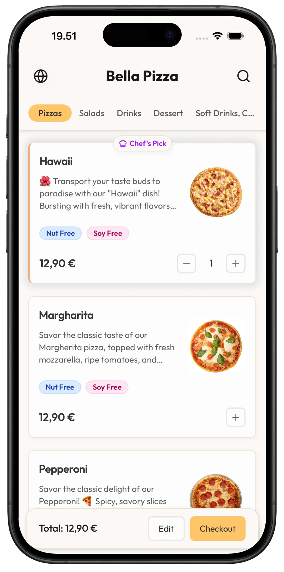 Fiestin asiakastilauksen menu puhelimessa